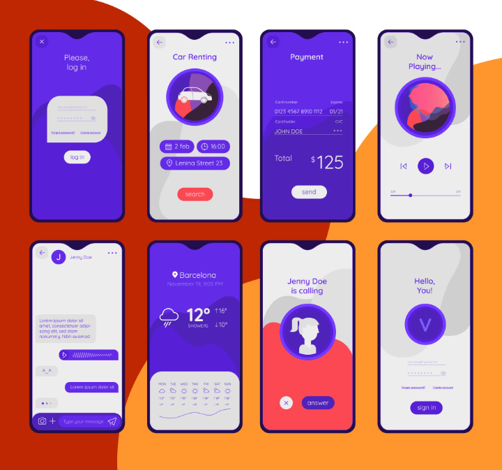 Interfaces de aplicativos mobile em estilo Flat Design com cores vibrantes e elementos minimalistas
